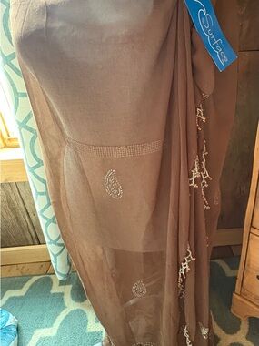 Surface Brown & Gold Embellished Sheer Scarf / Dupatta Sarong Coverup